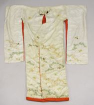 A LARGE CHINESE EMBROIDERED SILK ROBE, embroidered with gilt thread and depicting cranes, flowers