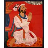 AN INDIAN SIKH SCHOOL MINIATURE PAINTING OF A PRAYING MAN, the man knelt and in prayer, mounted,