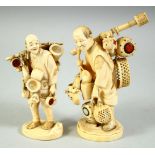 TWO JAPANESE CARVED IVORY OKIMONOS, of basket sellers, each with red and mother of pearl insets, the