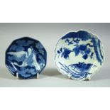 TWO SMALL JAPANESE BLUE AND WHITE DISHES, one with tripod footed base, 12.5cm and 10.5cm.