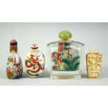 FOUR CHINESE SNUFF BOTTLES, comprising of one large reverse glass painted snuff bottle and