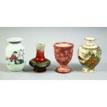 THREE SMALL PORCELAIN VASES, including one satsuma vase, one famille rose vase, another small red
