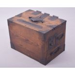 A 19TH CENTURY JAPANESE KEYAKI WOOD AND IRON MOUNTED ZENI-BAKO / MONEY BOX, with three drawers