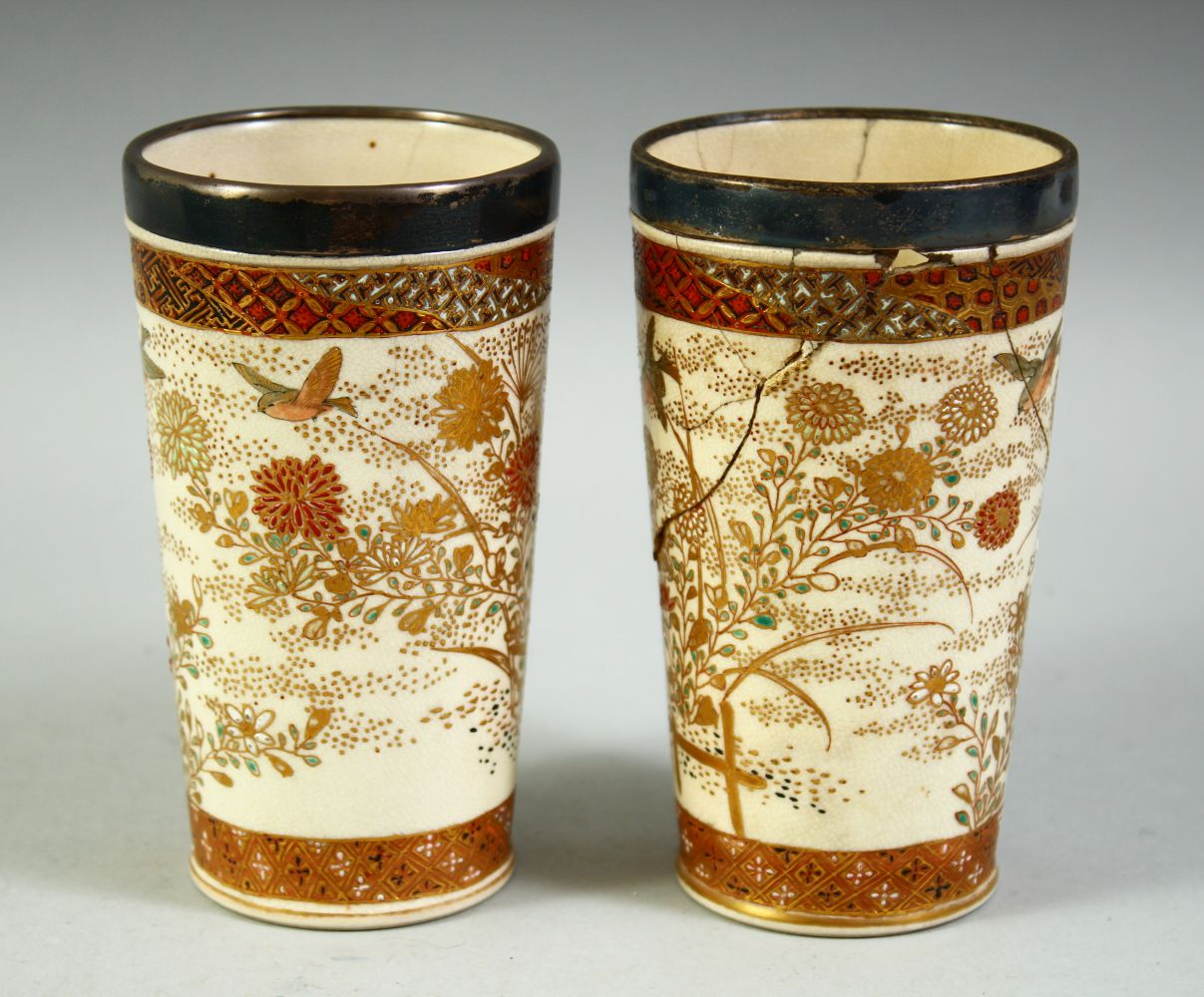 A PAIR OF SATSUMA PORCELAIN BEAKERS AND JUG, all with silver band rims, (one af). - Image 2 of 7