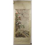 A GOOD LARGE CHINESE SCROLL PAINTING, depicting birds and native flora above a stream, with seven
