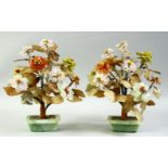 A PAIR OF CHINESE HARDSTONE BONSAI FLOWER SCULPTURES, with a variety of hardstones and inset