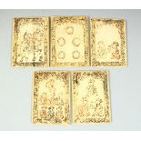 A GROUP OF FIVE 18TH CENTURY INDIAN CARVED IVORY PLAYING CARDS, 6.5cm x 4.5cm.