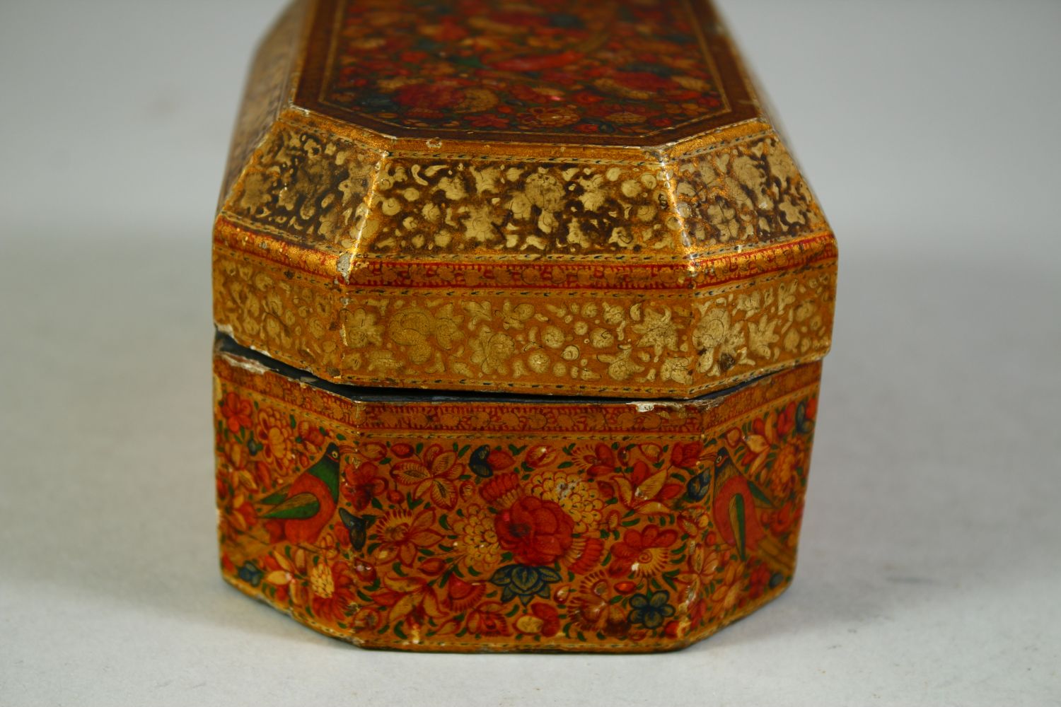 A FINE 19TH CENTURY KASHMIRI LACQUERED PAPIER MACHE LIDDED BOX, decorated with birds and flora, 13. - Image 4 of 7