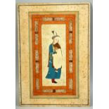 AN ISLAMIC MINIATURE PAINTING ON BOARD, depicting a female figure holding a water vessel, the border