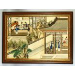 A LARGE CHINESE SILK PICTURE, depicting female figures in an interior and balcony setting, framed