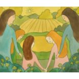 20th Century, A group of children in a field, watercolour and gouache, indistinctly signed, 9.5" x