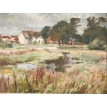 Circle of Alethea Garstin (20th Century) A pond with houses beyond, oil on board, initialled and