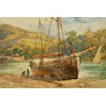 George Hodgson (1847-1921) British, 'At Ilfracombe', figures approaching a moored vessel,