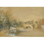 Circle of G B Campion, 'Denwick Bridge', watercolour heightened with white, inscribed, 8.75" x 12.