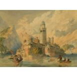 A watercolour of the Island of San Giulio on Lake Orta, Italy, 5.75" x 7.25", inscribed on mount and