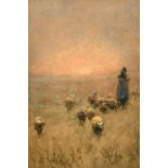 Edward Van Goethem (1857-1924), A shepherdess and her flock at dusk, watercolour, signed, 6.75" x