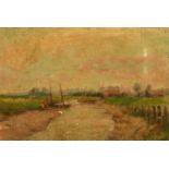 Circle of W.T. Monnington, A view of a canal with moored boats and buildings beyond, oil on panel,