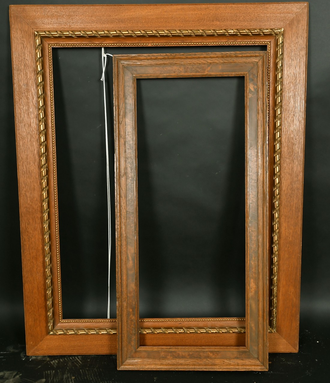 A moulded Oak frame with burr wood inset, 12" x 30" along with an Oak frame with gilded - Image 2 of 2