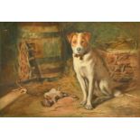 S. Ashton, Circa 1921, a study of a terrier in a farm building with a dead rat, watercolour, signed,