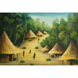 20th Century School, a scene of straw huts in a jungle, oil, indistinctly signed, 17" x 25".