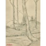 Attributed to Stanislas Lepine (1835-1892) French, A study of trees along a riverside, pencil with