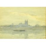 Early 20th Century, a view of barges on a river with a cathedral beyond, watercolour, indistinctly