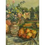 20th Century Continental School, a still life of flowers and fruit in an outdoor setting, oil on