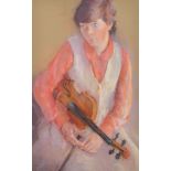 20th Century School, a portrait of a young lady holding a violin, pastel, indistinctly signed, 28" x