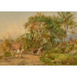 George Hayes (1824-1895) British, a wayfarer and a cattle drover on a country lane, watercolour,