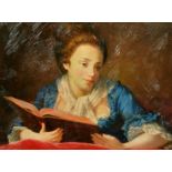 20th Century School, Portrait of a young lady reading, oil on panel, 12" x 16".