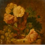 19th Century School, a still life of roses and grapes with trailing foliage, oil on panel, 10.5" x