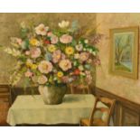 Paul Feron (20th Century) French, a still life study of colourful flowers in an interior, oil on