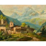 Pawlischek, (Early 20th Century) A chalet and buildings in the Swiss mountains, oil on canvas,