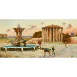 Italian School 19/20th Century, Figures by a fountain and temple of Vesta near Rome, watercolour,