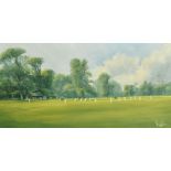 Vincent Ruggerio (20th Century) A Cricket match on a green, oil on canvas, signed, 15.5" x 31.5".