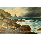 19th Century, Coastal scene with waves crashing against a rocky shore, oil on canvas, 28" x 44", (
