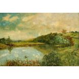 English School (early 20th Century) A extensive river landscape with a man on a punt and figures