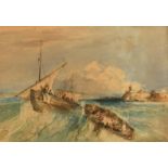 19th Century Continental School, boat riding on the crest of a wave with a port beyond, watercolour,