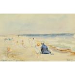 Theodore Zimmerman (b. 1937), Children playing on a Jersey beach, watercolour, signed and inscribed,