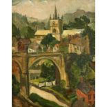 Phyllis Bray (1911-1991) A view of a town with a bridge, houses and church, oil on canvas, signed,