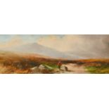 George Shaw, A pair of moorland landscapes with figures and mountains beyond, oils on board, both