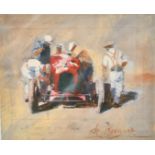 Dexter Brown (b. 1942) British, mechanics gathered around an Alfa Romeo, coloured print, limited