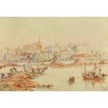 W. Roberts, Circa 1918, a view of a Mediterranean port with figures bringing in fishing boats,