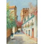 Enrique Roldan (19th Century) Spanish, Figures in an alley, oil on panel, signed, 13.75" x 9.5".