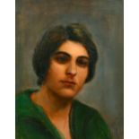 20th Century School, Head and shoulders of a lady wearing a green top, oil on canvas, 20" x 16".