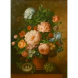 Thomas Webster (20th Century) A still life of mixed flowers in a vase, a birds nest and a bunch of