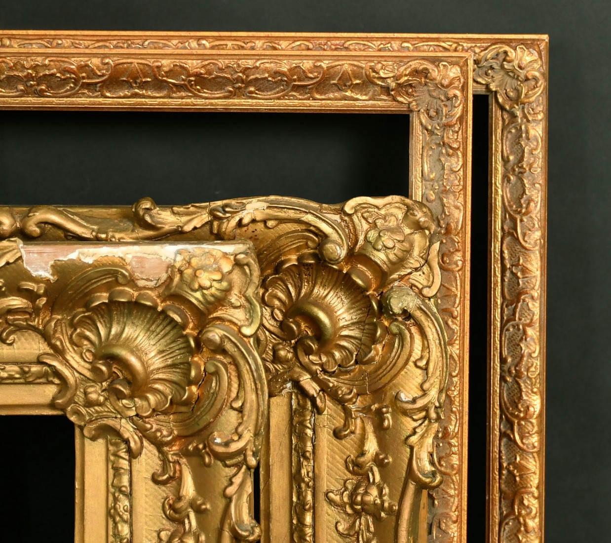 A pair of 19th century gilt composition frames, 9 x 12" (A/F), along with a pair of 20th Century