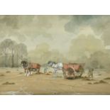 Bryan Conway (20th Century) British, 'February Fildyke', horses and workers in a field, watercolour,