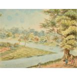 Circle of Thomas Daniell, Natives on a riverbank with a settlement beyond, watercolour, inscribed