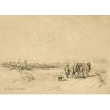 George Morland, an engraving of figures, horses and sheep in a landscape, 6.75" x 9", (unframed).